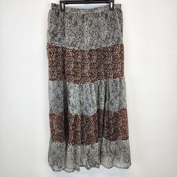 Solitaire Tiered Broomstick Maxi Skirt Size L Paisley Chiffon Lined Cottage Boho - Picture 1 of 9